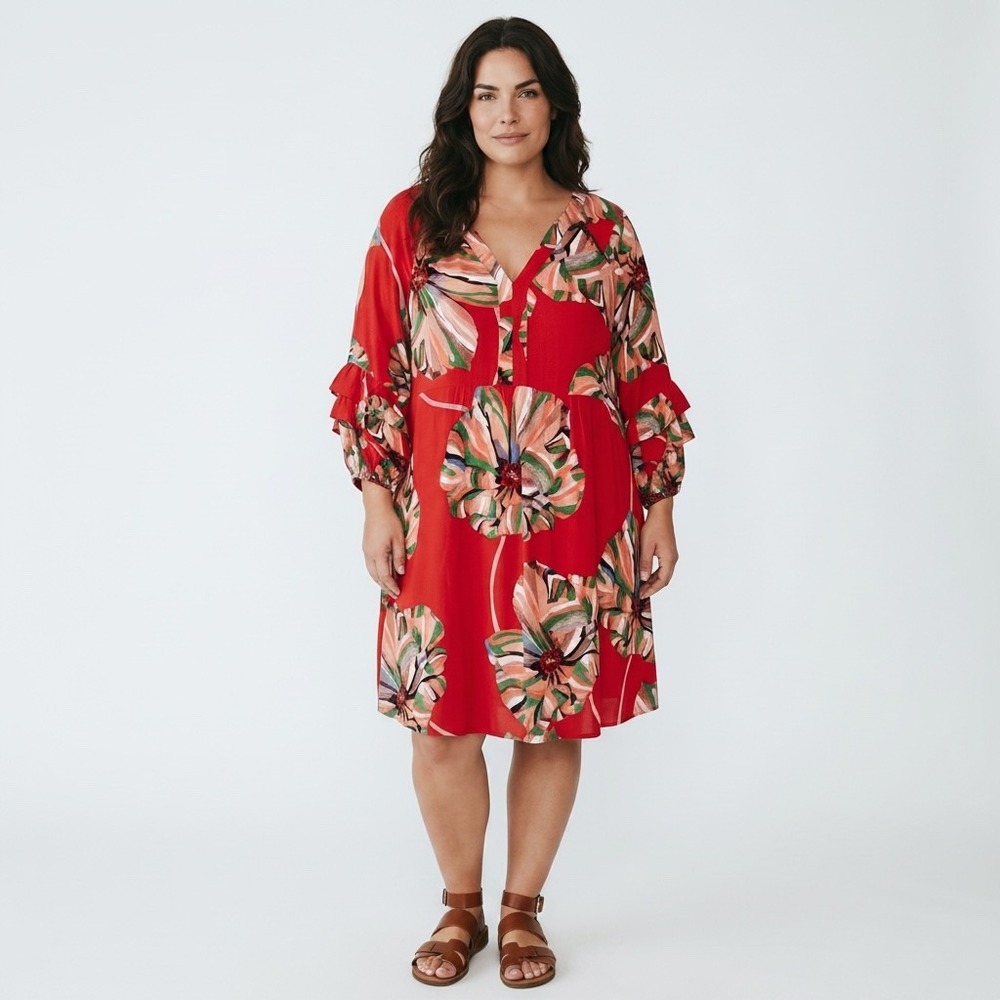 Fig and Flower Floral Mini Dress XL Red Ruffle Ballon Sleeve Boho Colorful